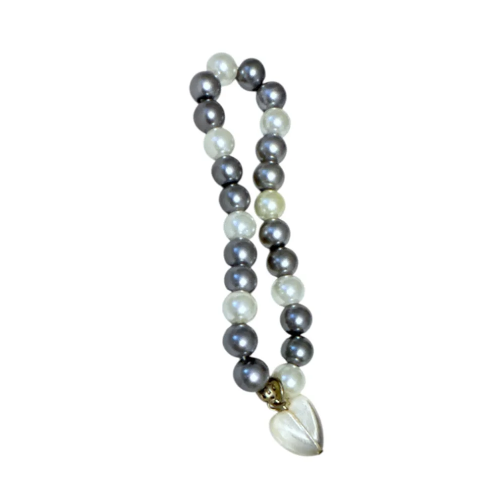 Two-Tone Pearl Stretch Bracelet Grey White Heart Charm Classic Minimalist Preppy